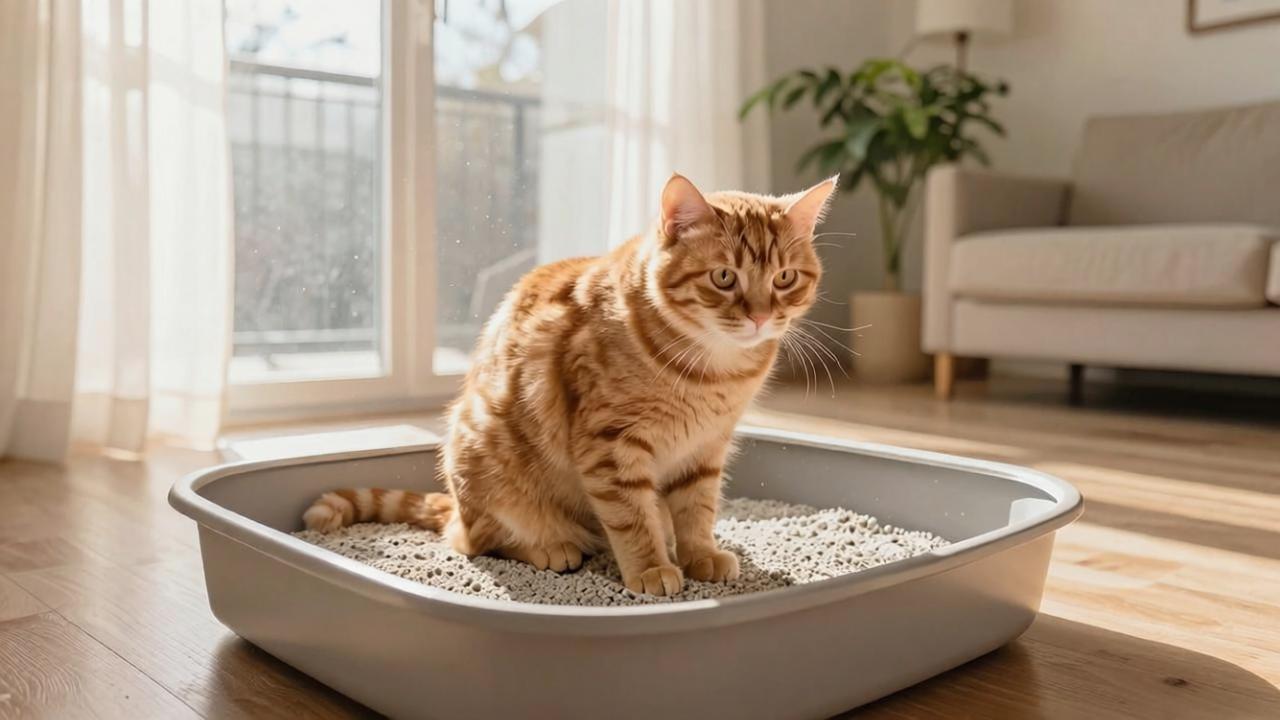 Cat defecating in litter box