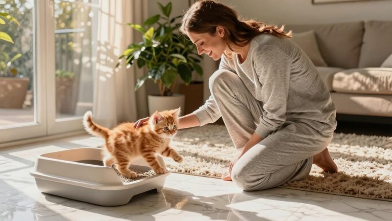 The owner guides the cat in potty training