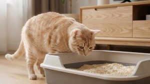 Cat sniffing litter box and getting ready to defecate, normal cat bowel habit scene