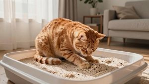 Cat going through full litter box routine including digging, elimination, and covering behavior in a home environment