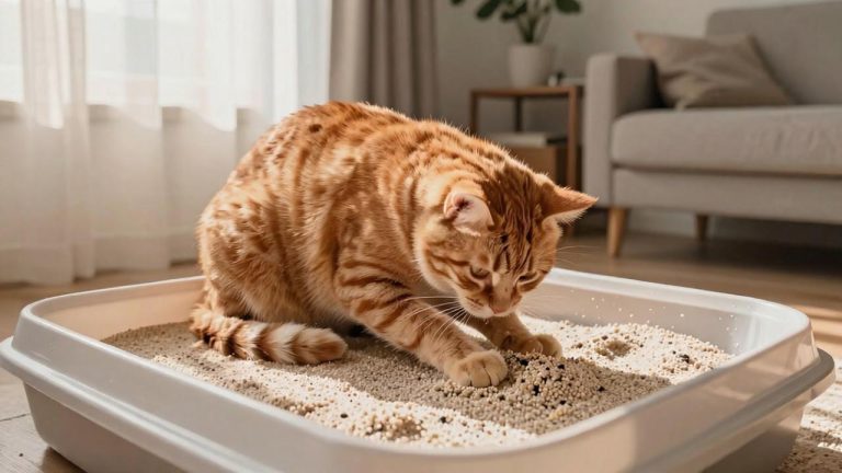 Cat going through full litter box routine including digging, elimination, and covering behavior in a home environment