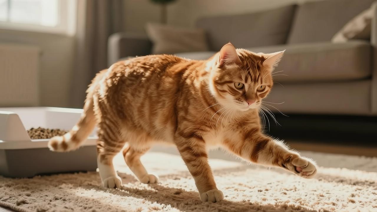 Cat stretching and relaxing after using the litter box in a home setting