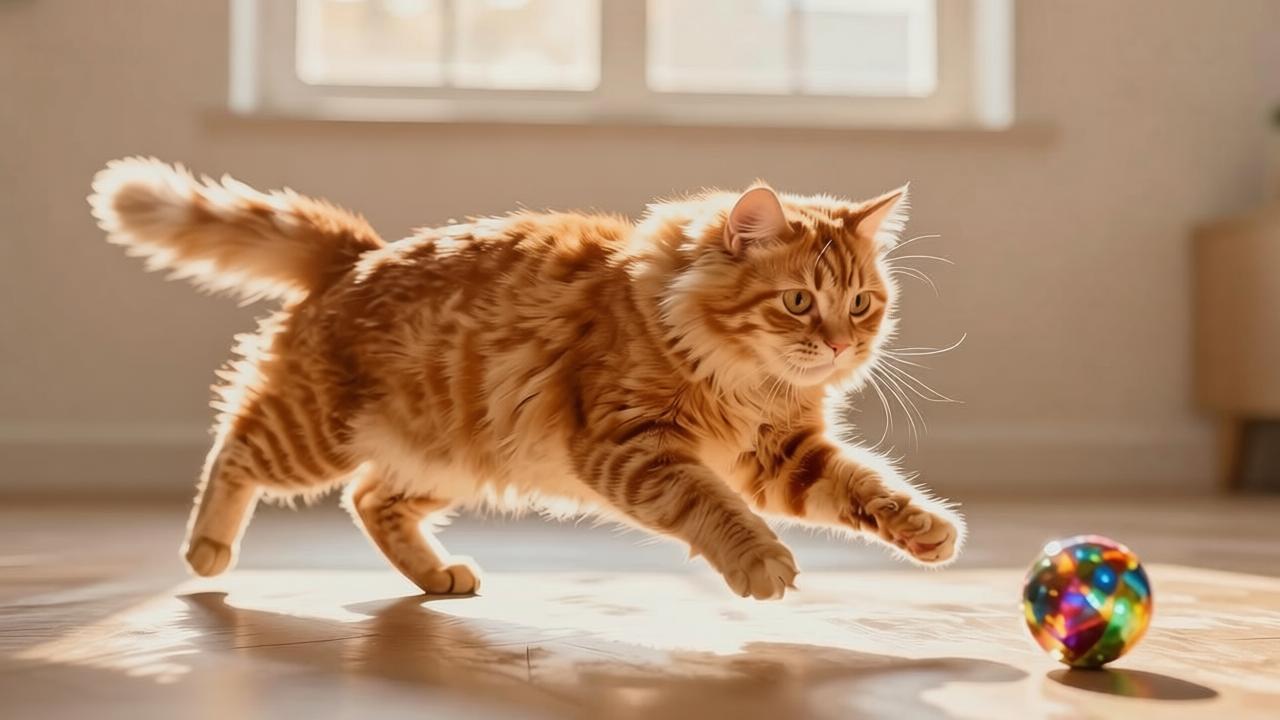 Cat happily chasing a glowing ball