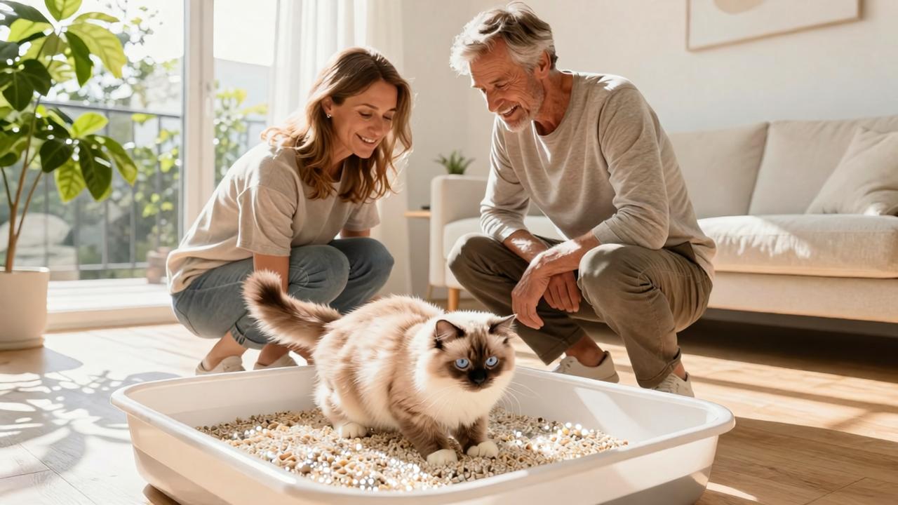 Ragdoll cat using a spacious clean litter box while the owner observes nearby in a bright modern home