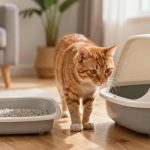 A cautious cat sniffing a semi-automatic litter box while its old litter box remains nearby during the transition.