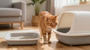 A cautious cat sniffing a semi-automatic litter box while its old litter box remains nearby during the transition.