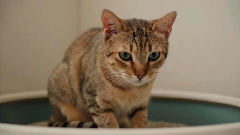 Cat squatting repeatedly in litter box, struggling to pee, uncomfortable cat