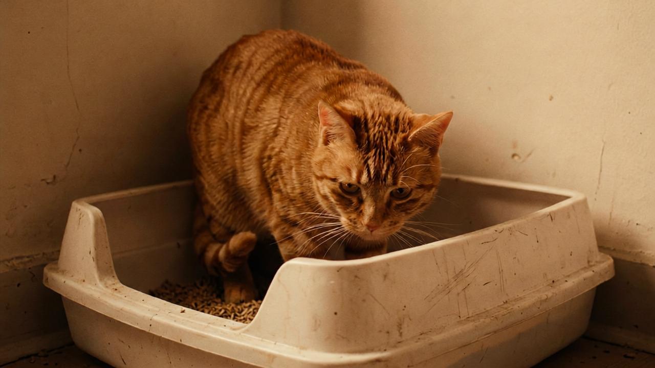 Adult cat comparing a small cheap litter box with a spacious high-sided litter box in a modern home.