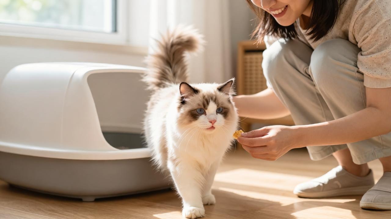 A cat owner rewarding a cat after successfully using a semi-automatic litter box for the first time.